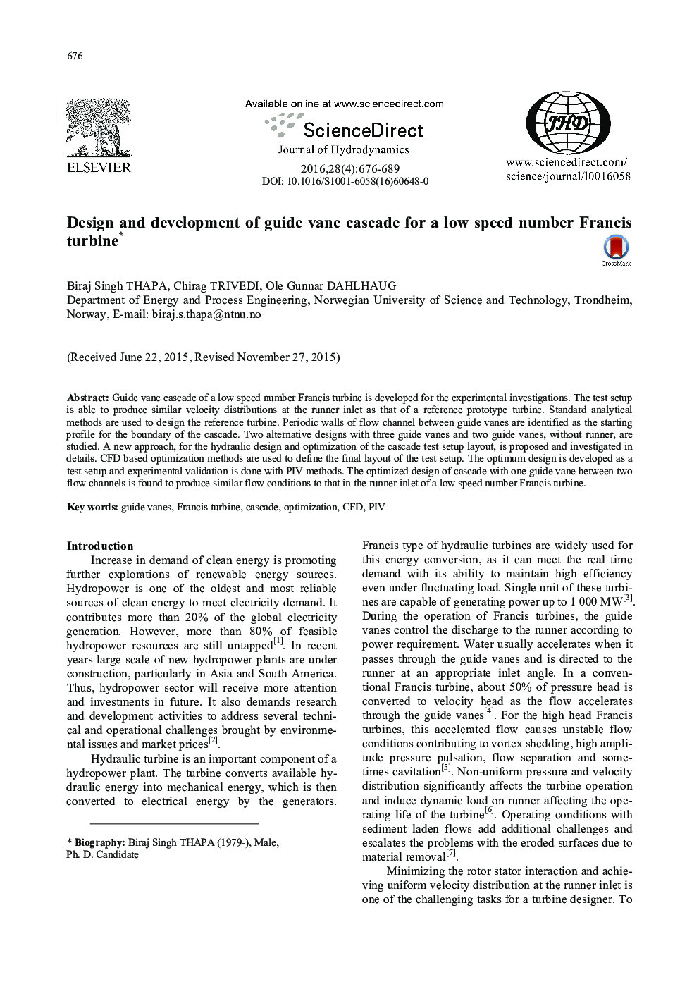 Design and development of guide vane cascade for a low speed number Francis turbine