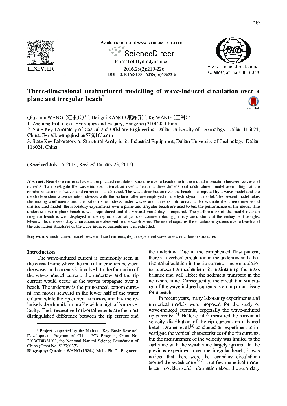 Three-dimensional unstructured modelling of wave-induced circulation over a plane and irregular beach 