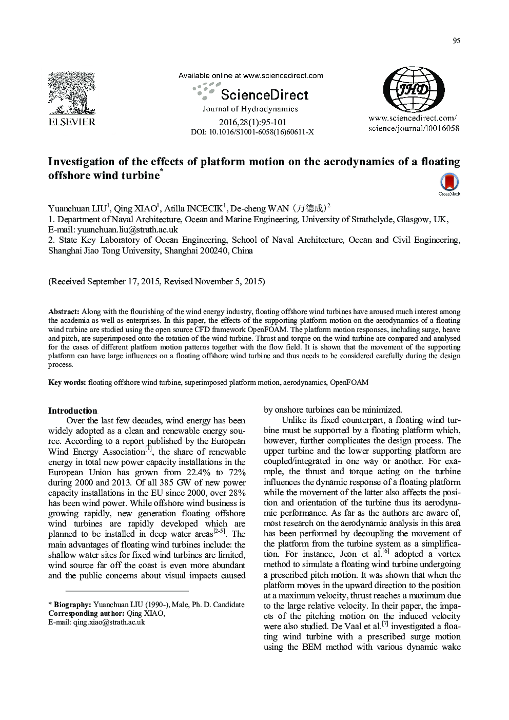 Investigation of the effects of platform motion on the aerodynamics of a floating offshore wind turbine