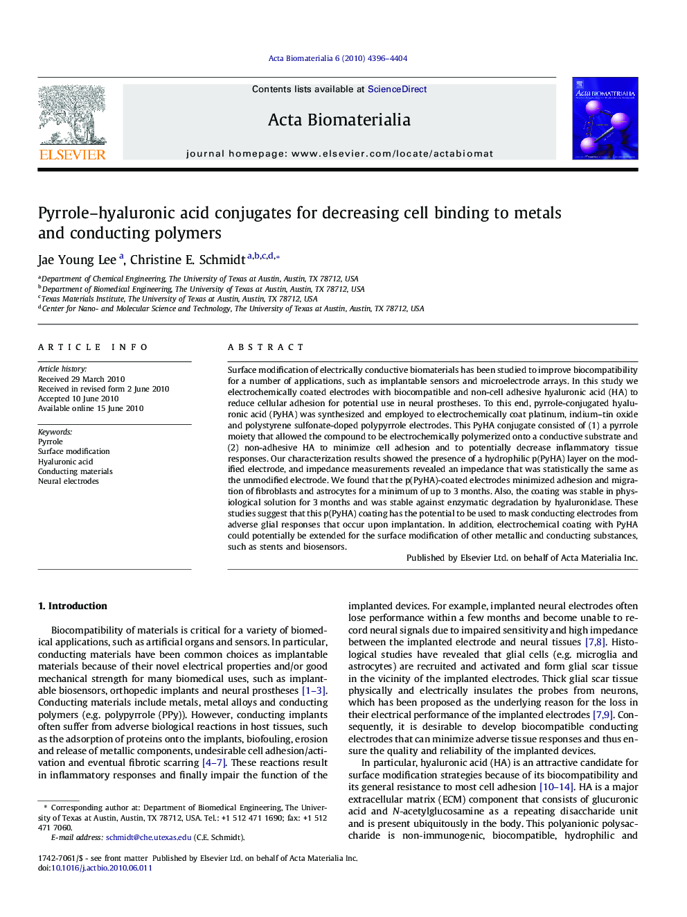 Pyrrole–hyaluronic acid conjugates for decreasing cell binding to metals and conducting polymers