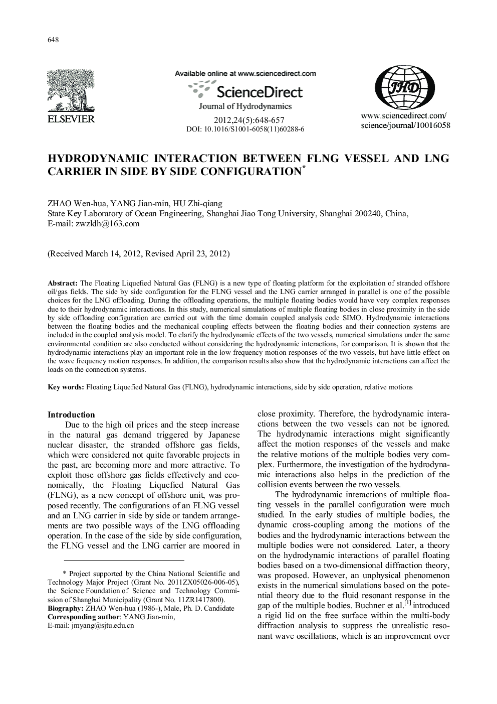 Hydrodynamic interaction between FLNG vessel and LNG carrier in side by side configuration 