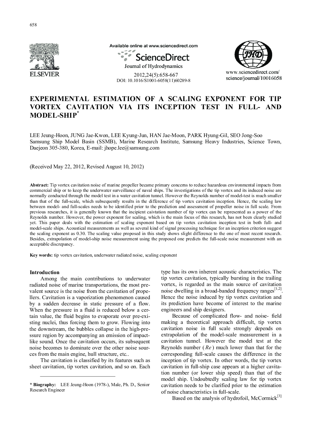 عکس صفحه اول مقاله: Experimental estimation of a scaling exponent for tip vortex cavitation via its inception test in full- and model-ship Experimental estimation of a scaling exponent for tip vortex cavitation via its inception test in full- and model-ship