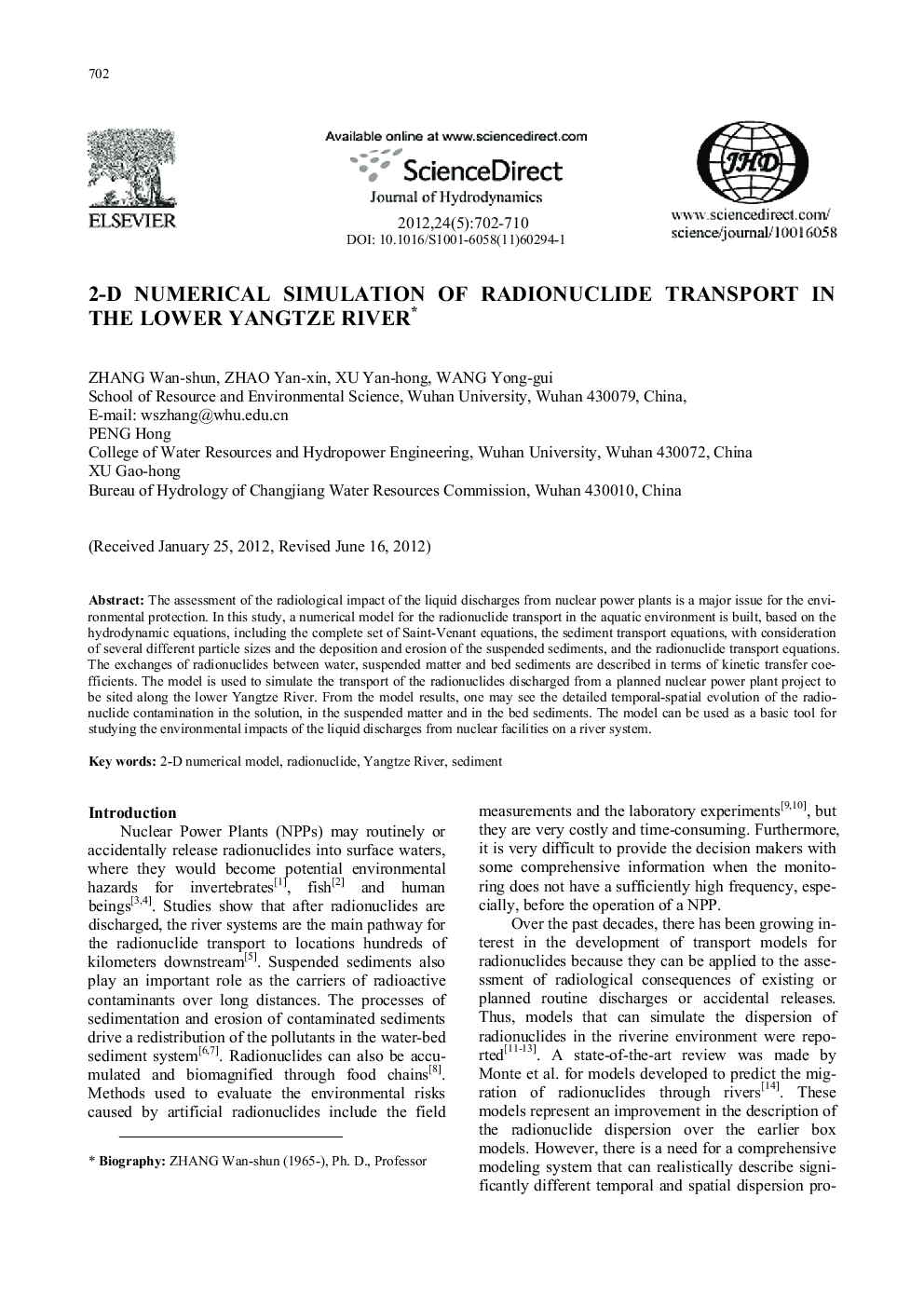 عکس صفحه اول مقاله: 2-D numerical simulation of radionuclide transport in the lower Yangtze River 2-D numerical simulation of radionuclide transport in the lower Yangtze River