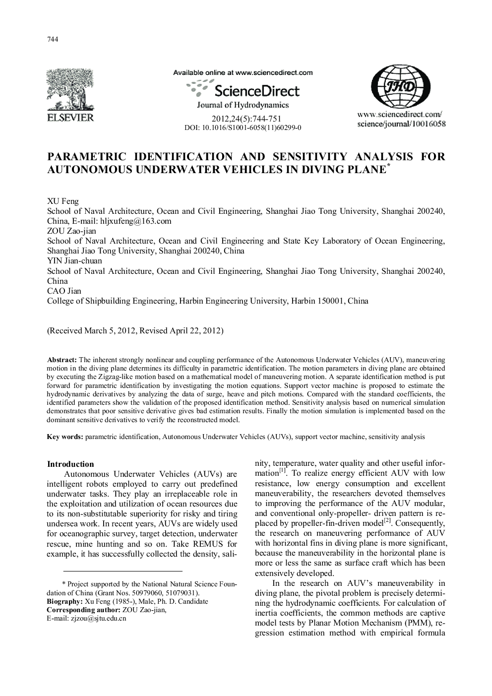 عکس صفحه اول مقاله: Parametric identification and sensitivity analysis for Autonomous Underwater Vehicles in diving plane Parametric identification and sensitivity analysis for Autonomous Underwater Vehicles in diving plane