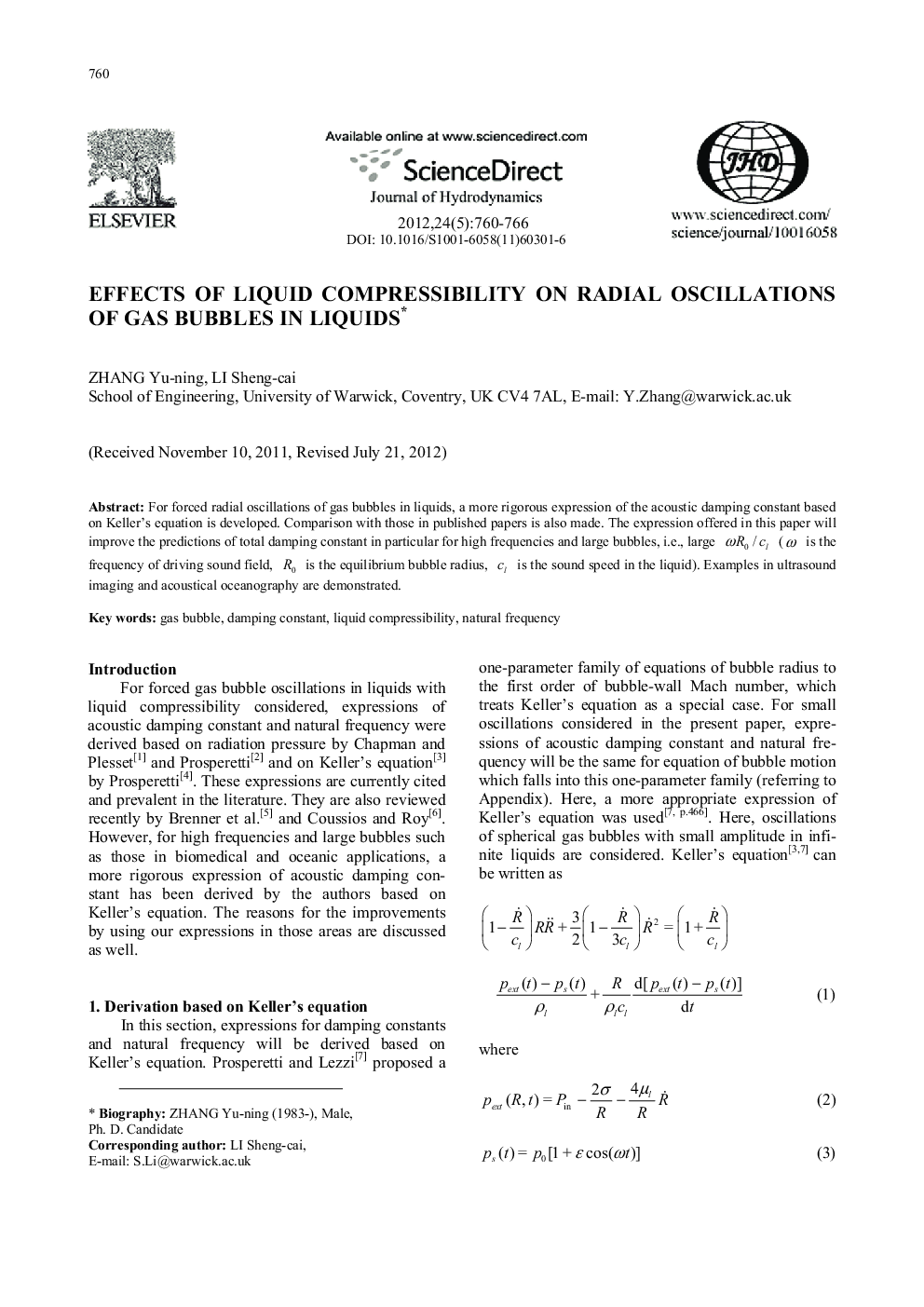 Effects of liquid compressibility on radial oscillations of gas bubbles in liquids