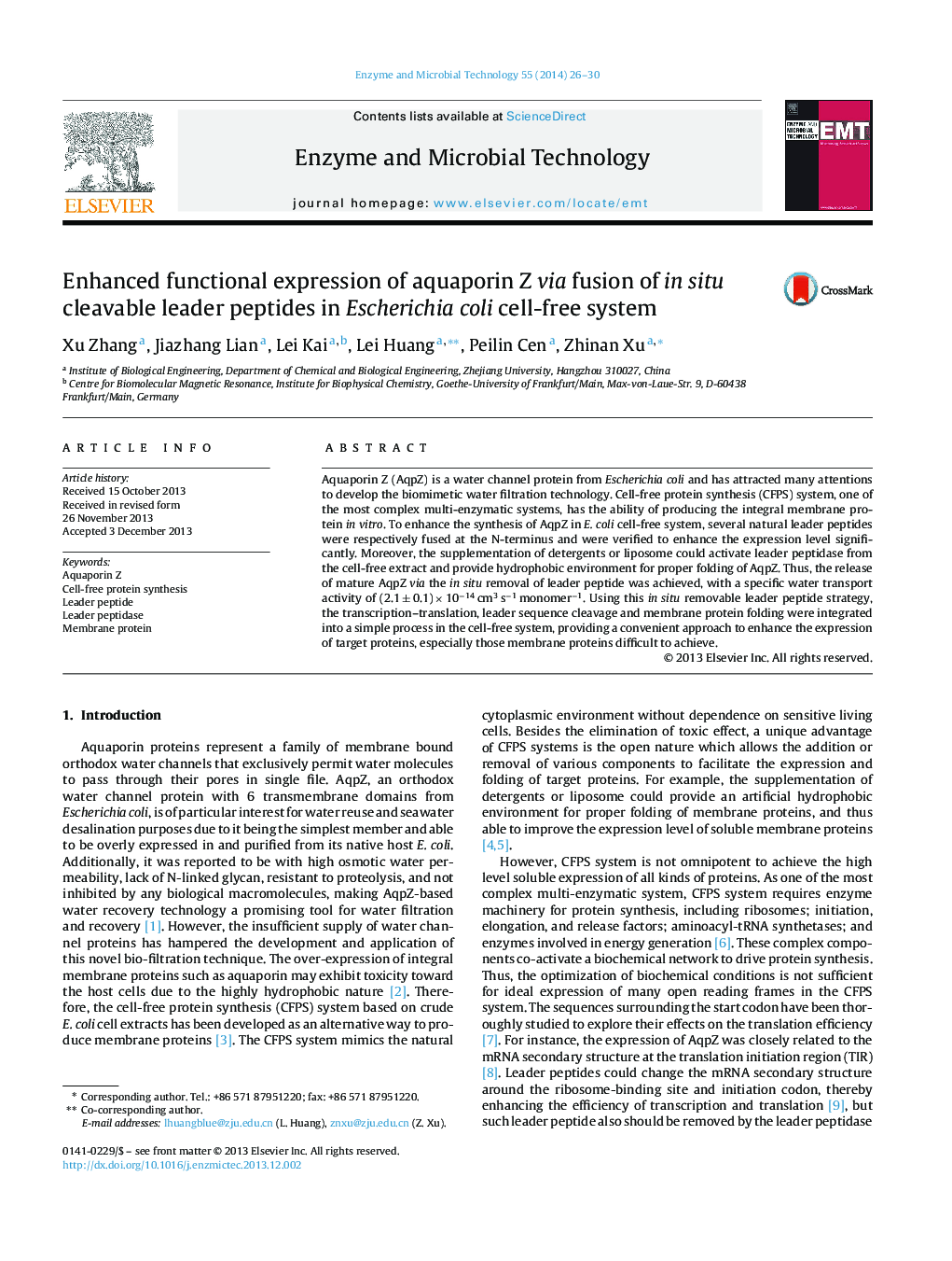 Enhanced functional expression of aquaporin Z via fusion of in situ cleavable leader peptides in Escherichia coli cell-free system