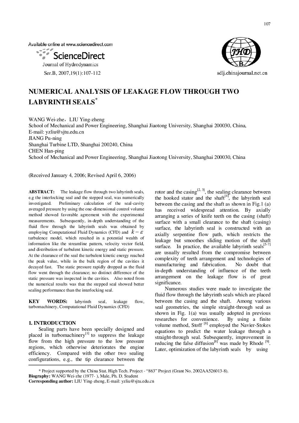 Numerical analysis of leakage flow through two labyrinth seals1 