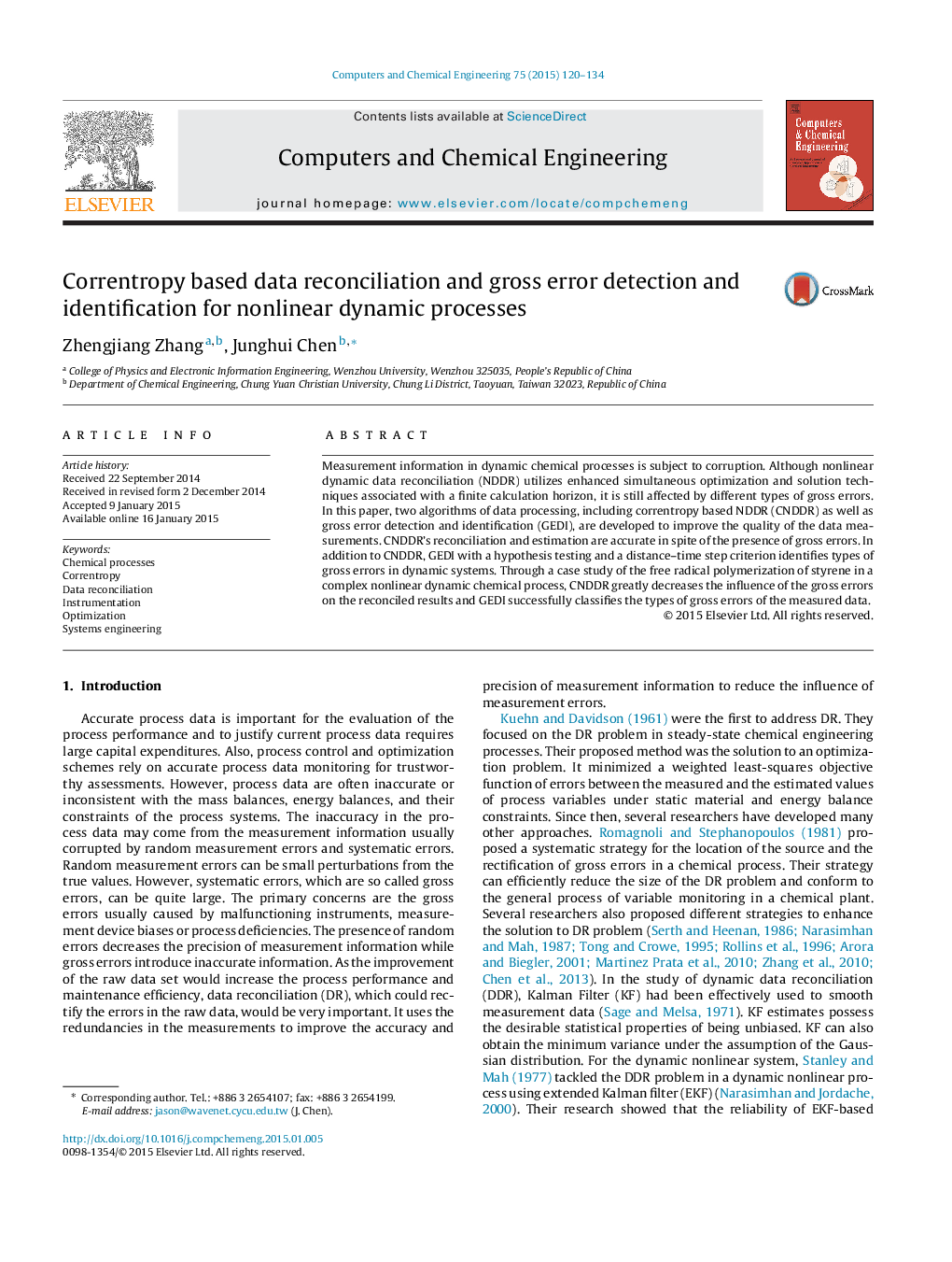 Correntropy based data reconciliation and gross error detection and identification for nonlinear dynamic processes