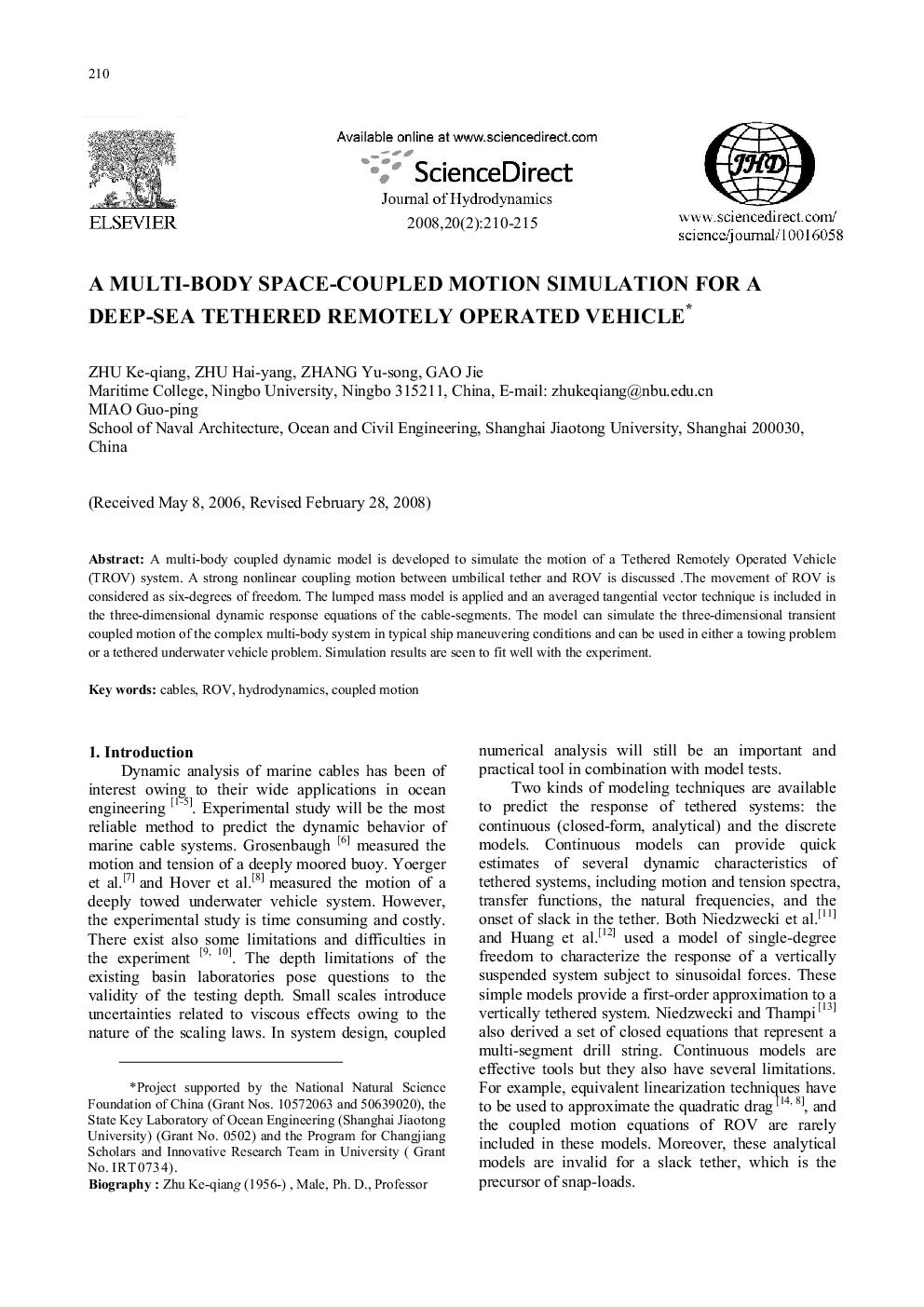 A Multi-Body Space-Coupled Motion Simulation for A Deep-Sea Tethered Remotely Operated Vehicle* 