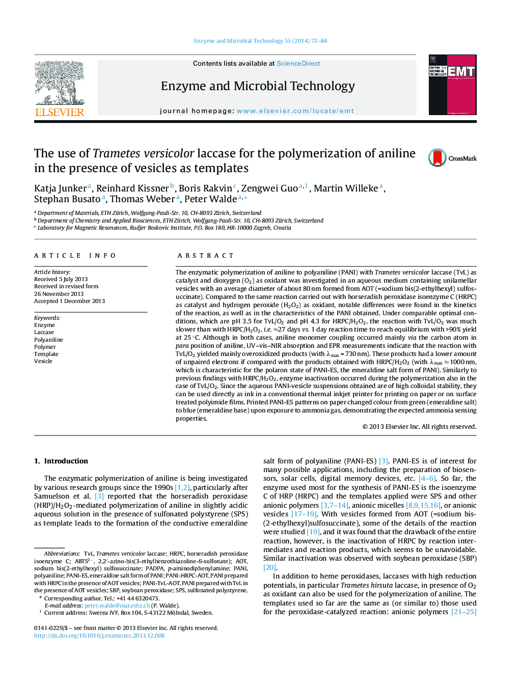 The use of Trametes versicolor laccase for the polymerization of aniline in the presence of vesicles as templates