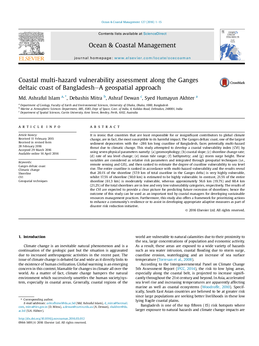 Coastal multi-hazard vulnerability assessment along the Ganges deltaic coast of Bangladesh–A geospatial approach