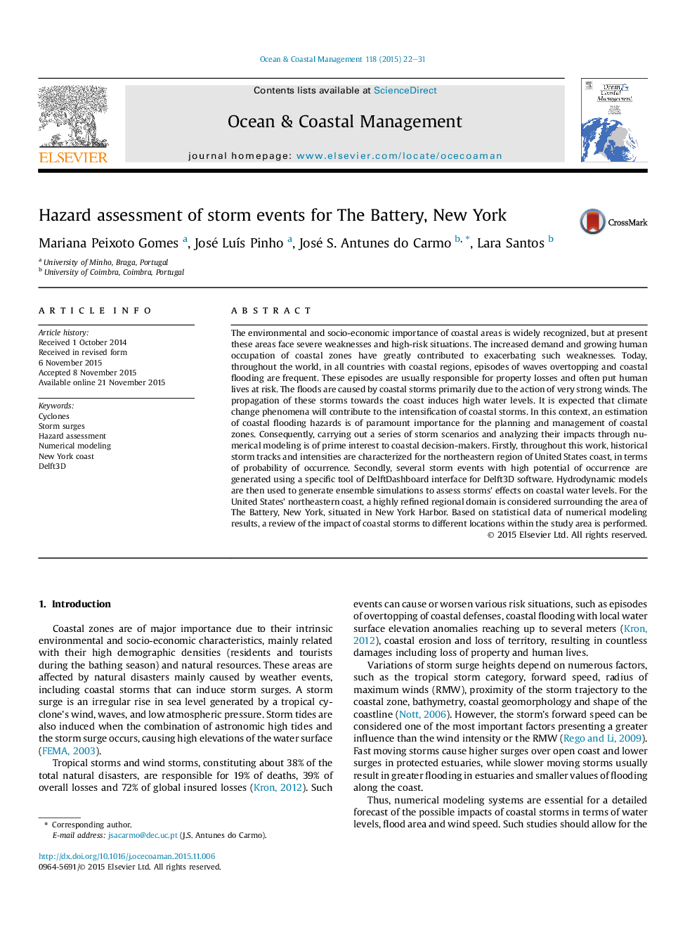 Hazard assessment of storm events for The Battery, New York