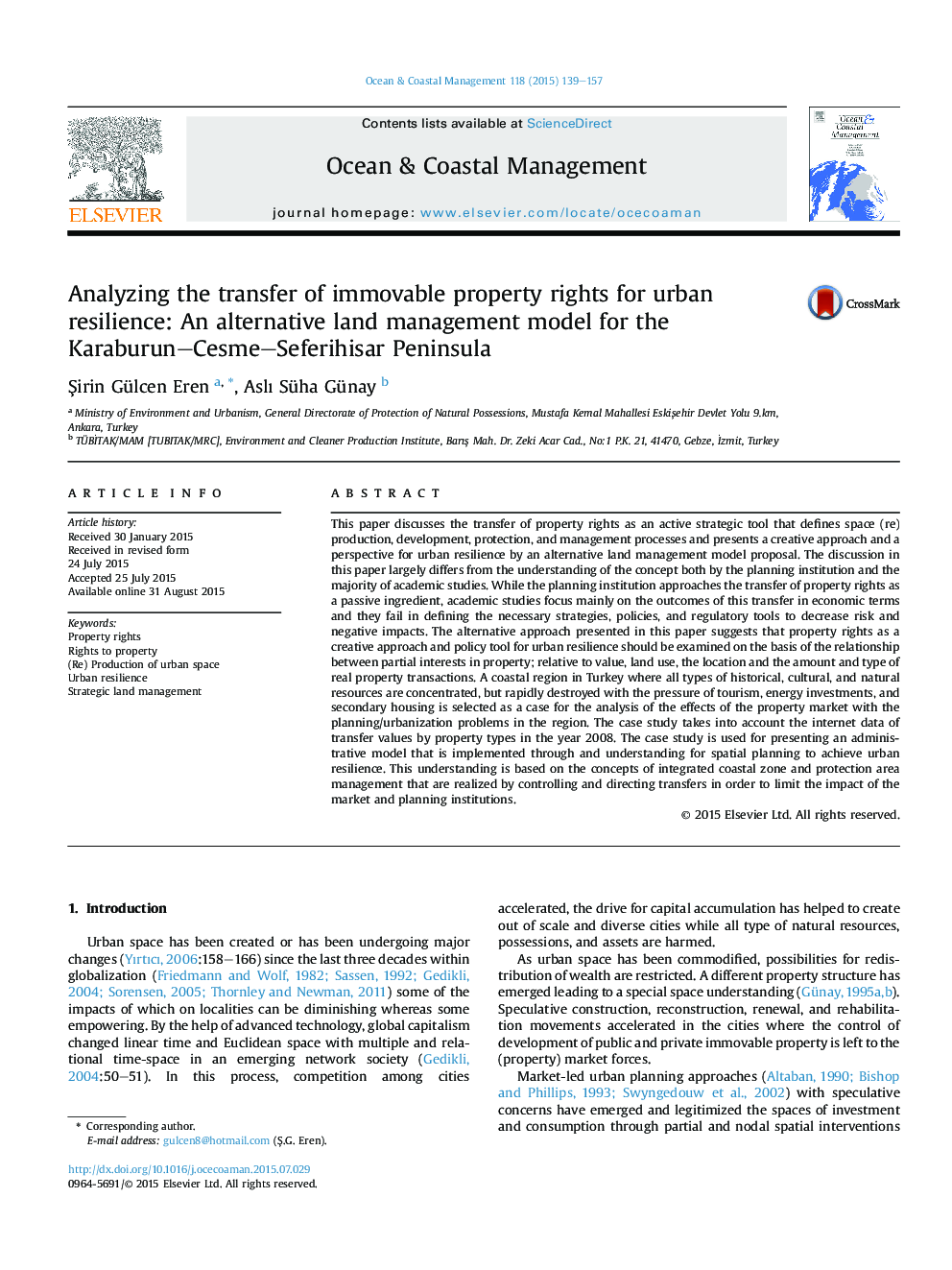 Analyzing the transfer of immovable property rights for urban resilience: An alternative land management model for the Karaburun-Cesme-Seferihisar Peninsula