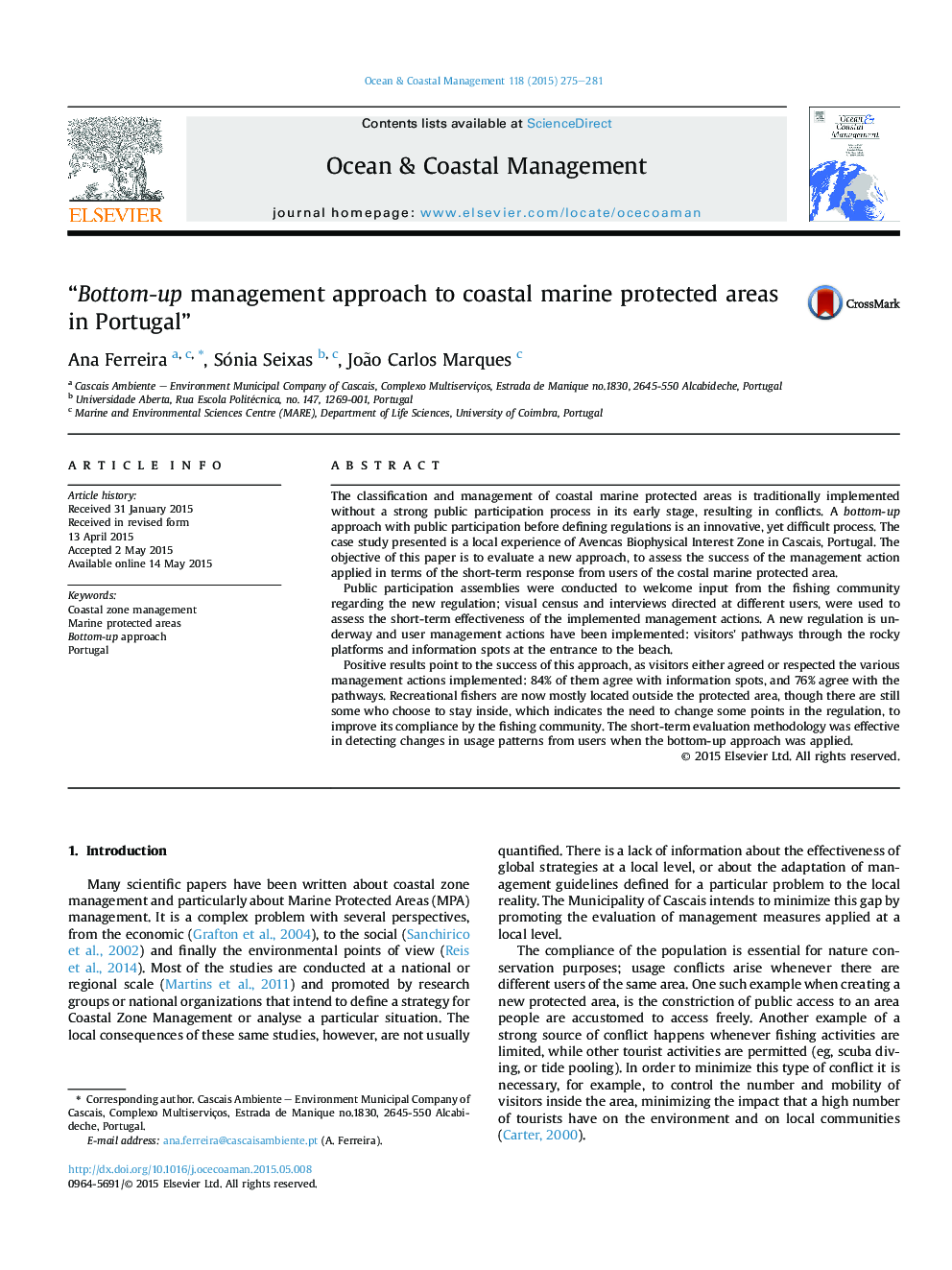 “Bottom-up management approach to coastal marine protected areas in Portugal”