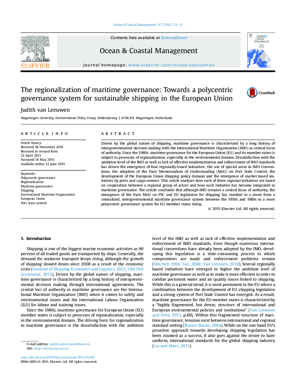 The regionalization of maritime governance: Towards a polycentric governance system for sustainable shipping in the European Union