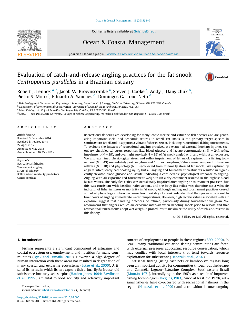 Evaluation of catch-and-release angling practices for the fat snook Centropomus parallelus in a Brazilian estuary