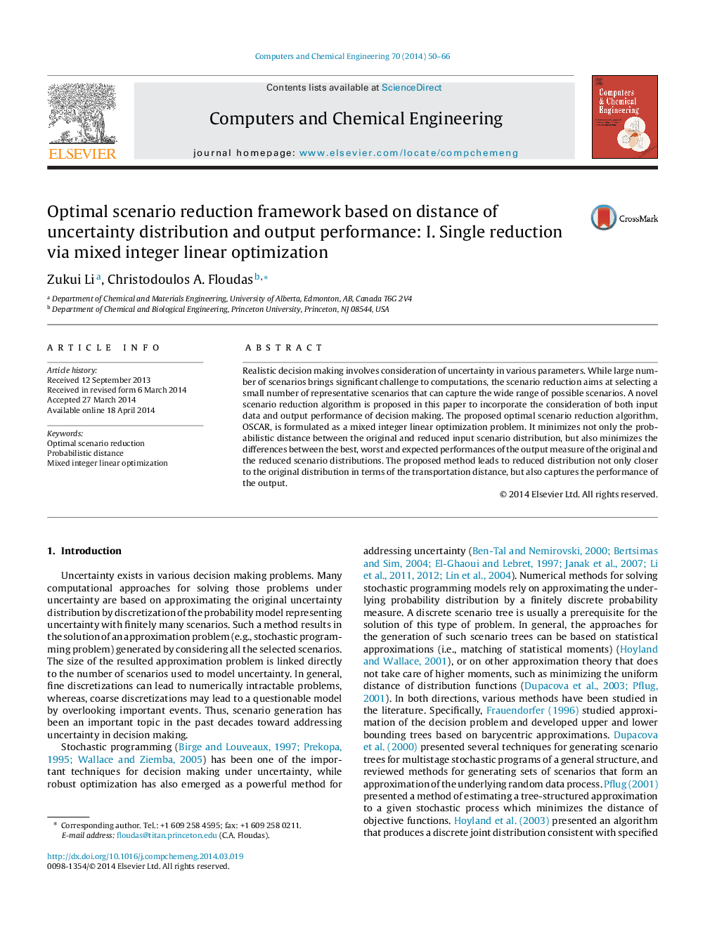 Optimal scenario reduction framework based on distance of uncertainty distribution and output performance: I. Single reduction via mixed integer linear optimization