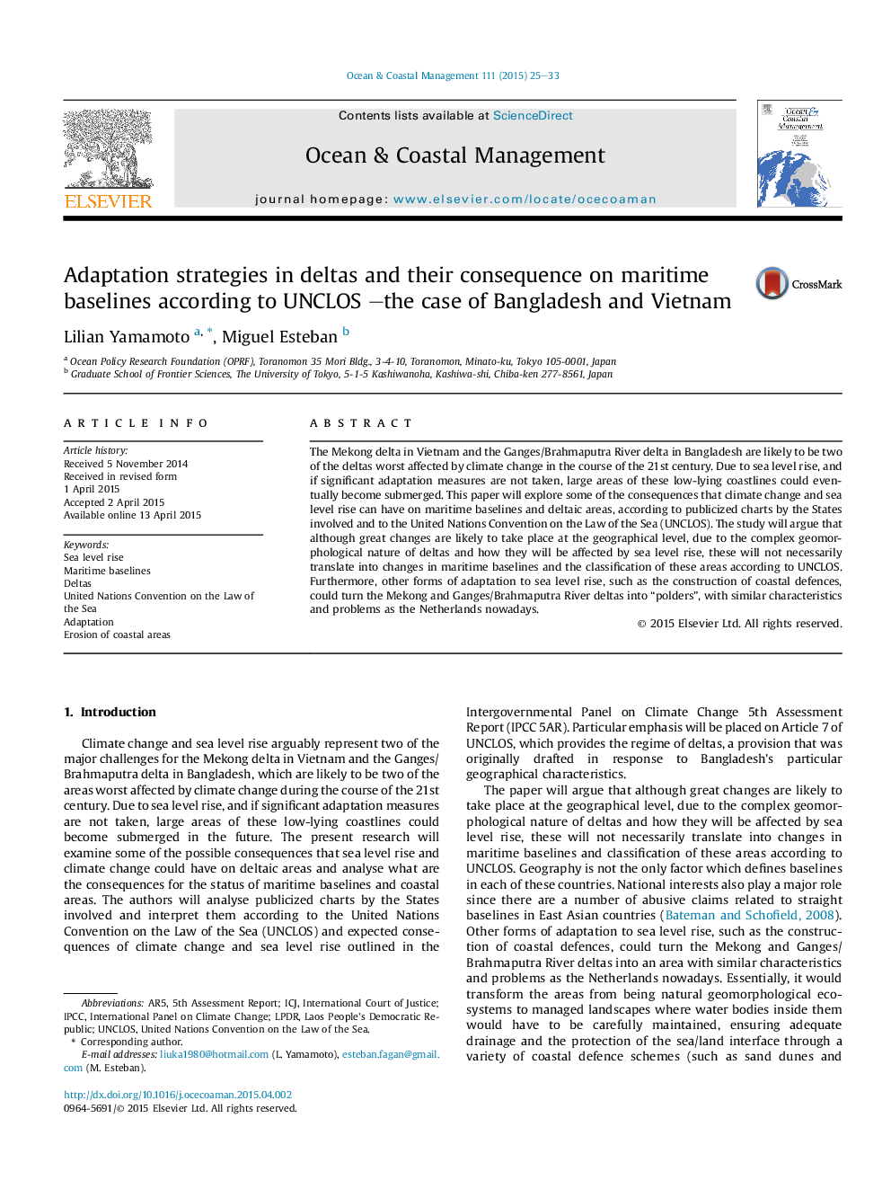 Adaptation strategies in deltas and their consequence on maritime baselines according to UNCLOS –the case of Bangladesh and Vietnam