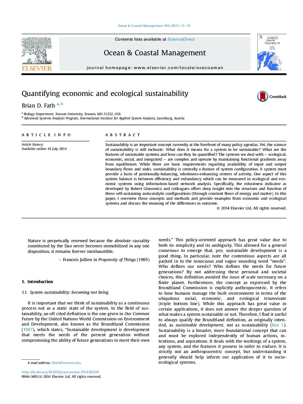 Quantifying economic and ecological sustainability