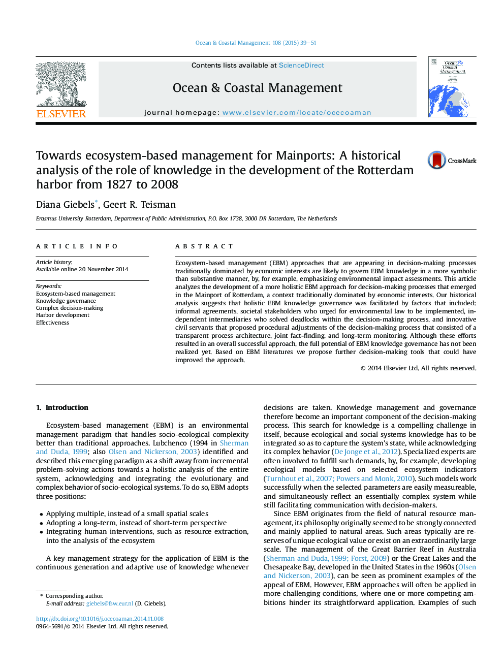 Towards ecosystem-based management for Mainports: A historical analysis of the role of knowledge in the development of the Rotterdam harbor from 1827 to 2008