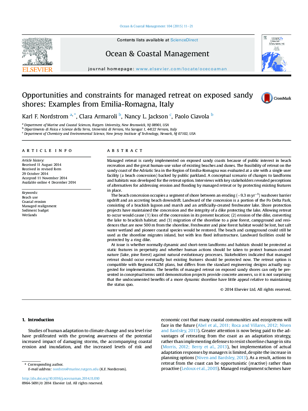 Opportunities and constraints for managed retreat on exposed sandy shores: Examples from Emilia-Romagna, Italy