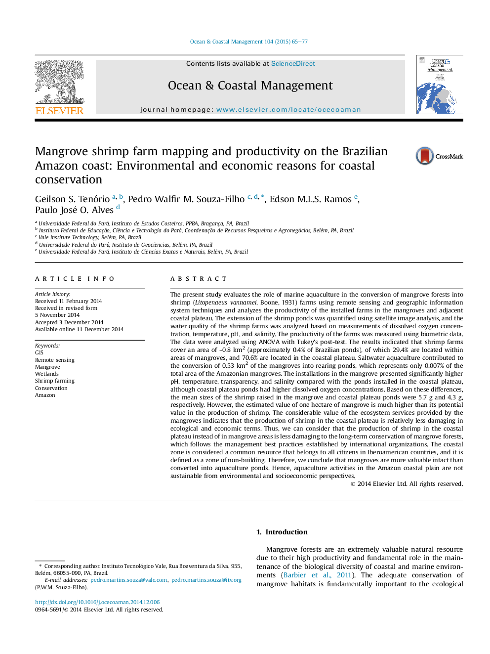 Mangrove shrimp farm mapping and productivity on the Brazilian Amazon coast: Environmental and economic reasons for coastal conservation