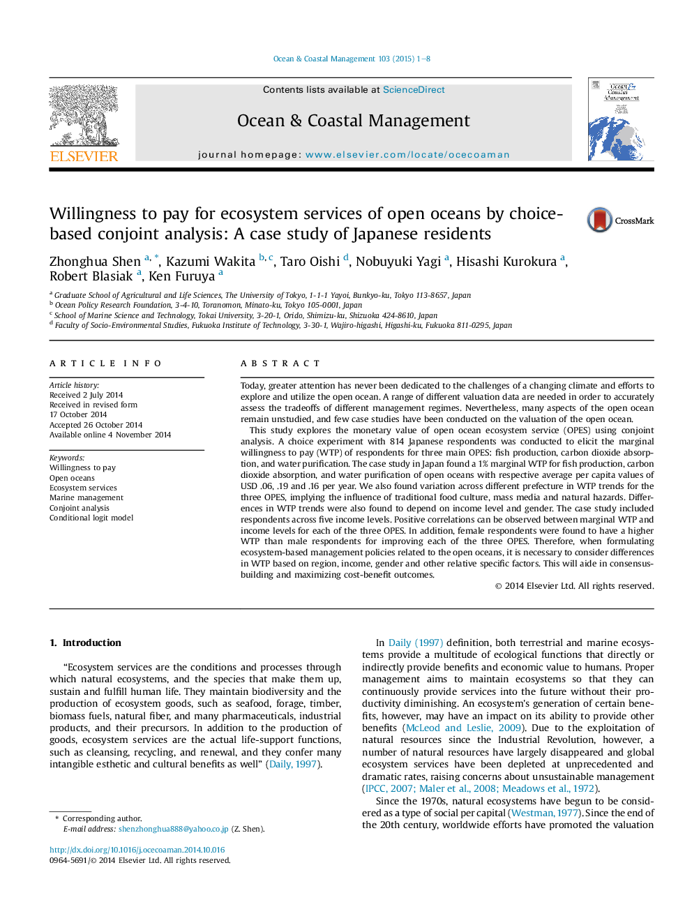 Willingness to pay for ecosystem services of open oceans by choice-based conjoint analysis: A case study of Japanese residents