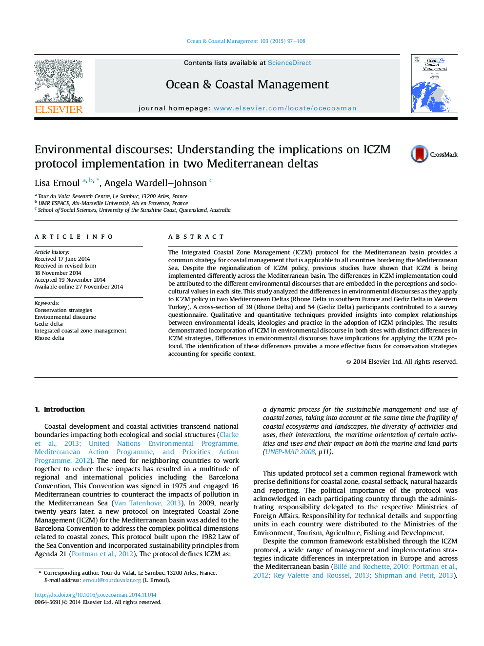 Environmental discourses: Understanding the implications on ICZM protocol implementation in two Mediterranean deltas