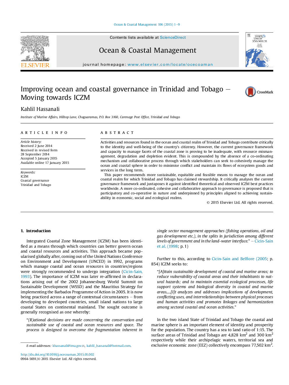 Improving ocean and coastal governance in Trinidad and Tobago – Moving towards ICZM