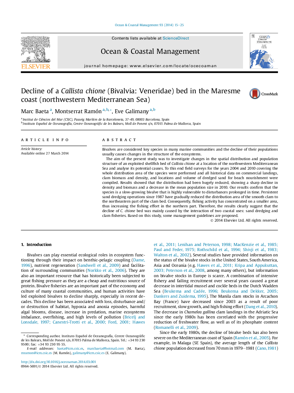 Decline of a Callista chione (Bivalvia: Veneridae) bed in the Maresme coast (northwestern Mediterranean Sea)