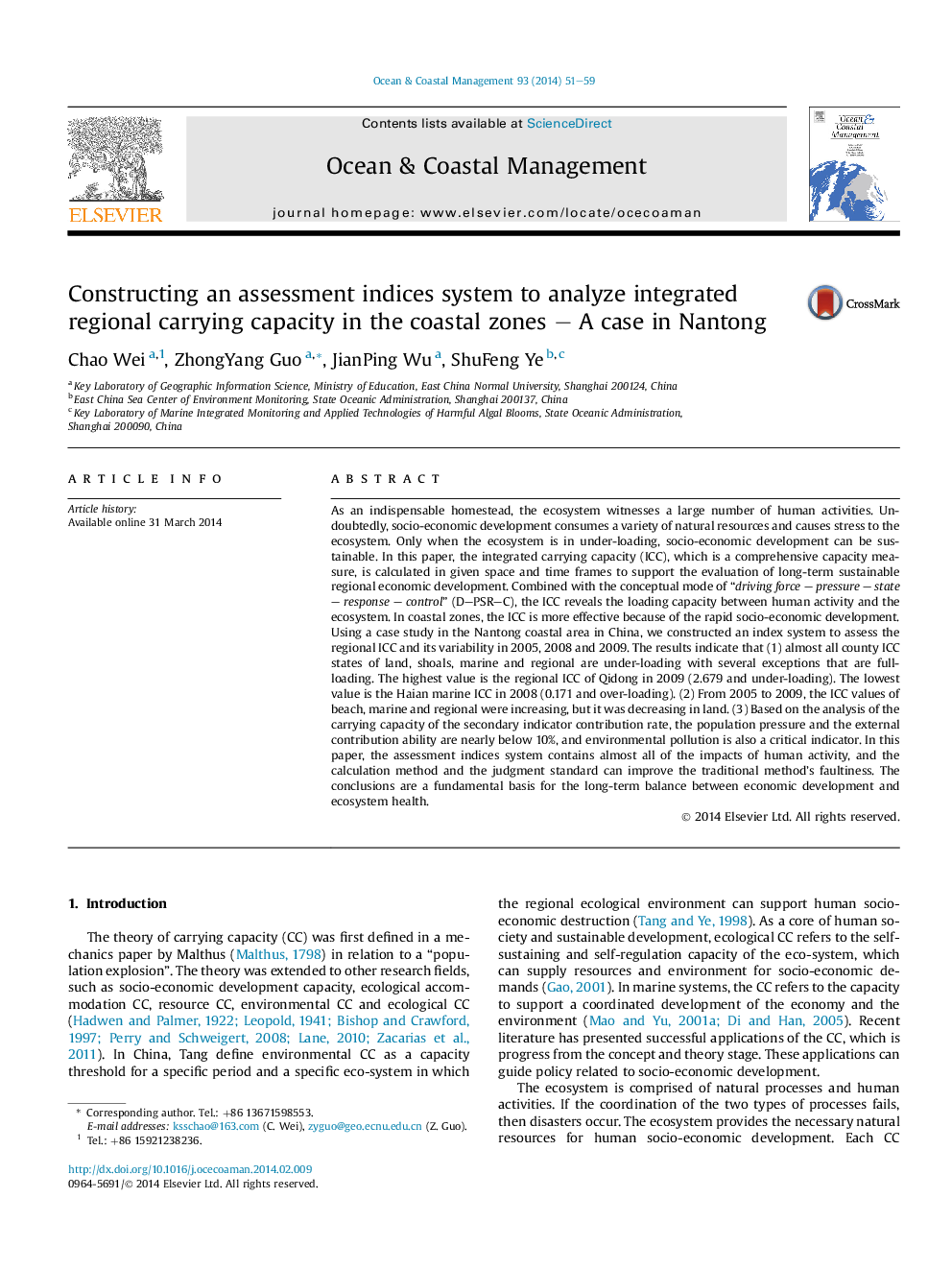 Constructing an assessment indices system to analyze integrated regional carrying capacity in the coastal zones - A case in Nantong