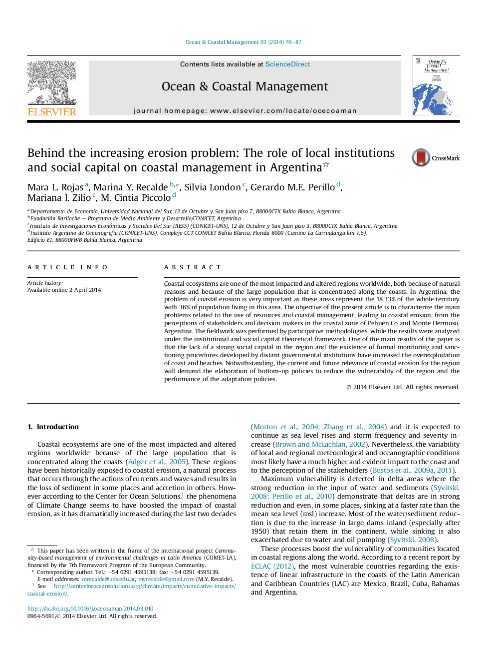 Behind the increasing erosion problem: The role of local institutions and social capital on coastal management in Argentina 