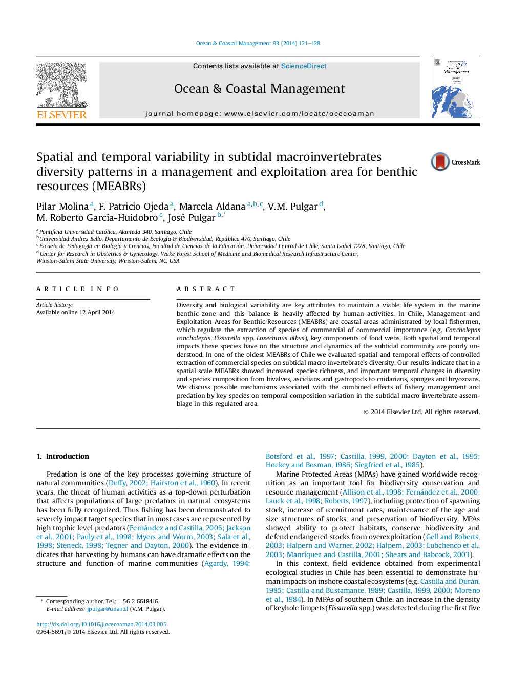 عکس صفحه اول مقاله: Spatial and temporal variability in subtidal macroinvertebrates diversity patterns in a management and exploitation area for benthic resources (MEABRs) Spatial and temporal variability in subtidal macroinvertebrates diversity patterns in a management and exploitation area for benthic resources (MEABRs)