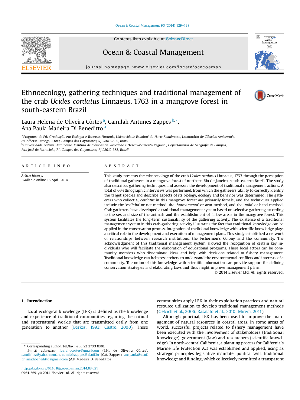 Ethnoecology, gathering techniques and traditional management of the crab Ucides cordatus Linnaeus, 1763 in a mangrove forest in south-eastern Brazil