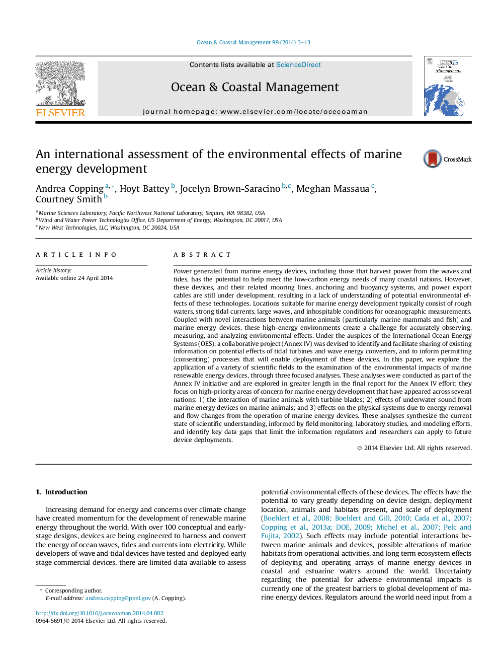 An international assessment of the environmental effects of marine energy development