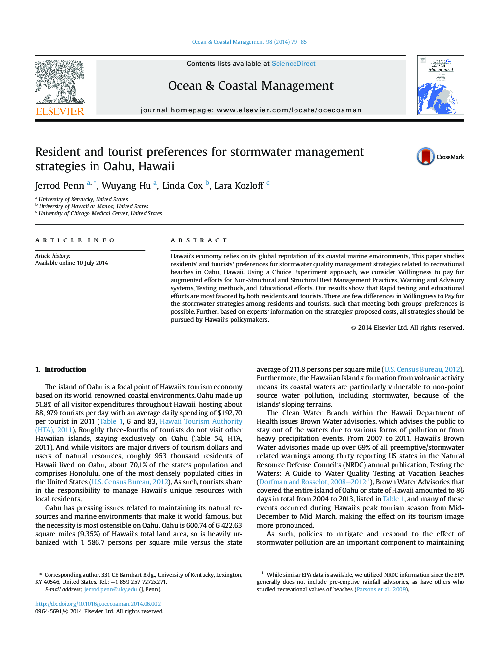 Resident and tourist preferences for stormwater management strategies in Oahu, Hawaii