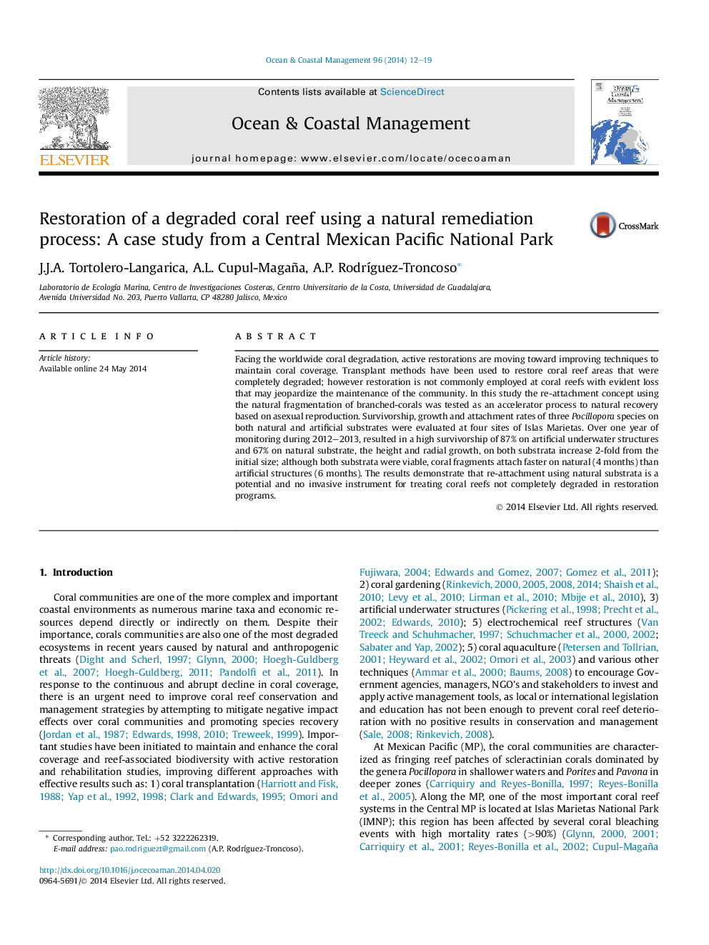 Restoration of a degraded coral reef using a natural remediation process: A case study from a Central Mexican Pacific National Park