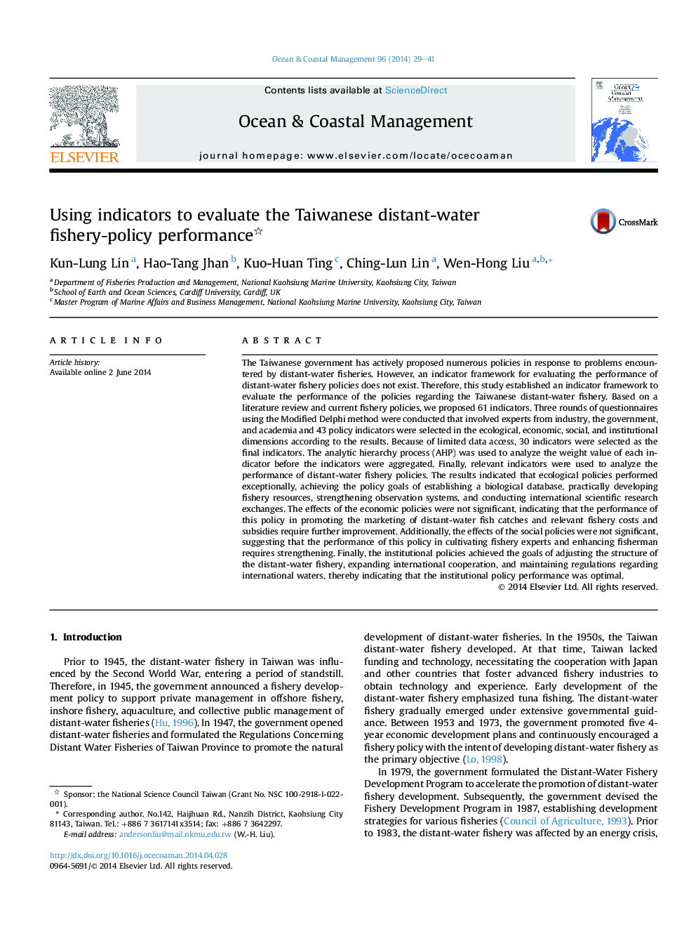 Using indicators to evaluate the Taiwanese distant-water fishery-policy performance 