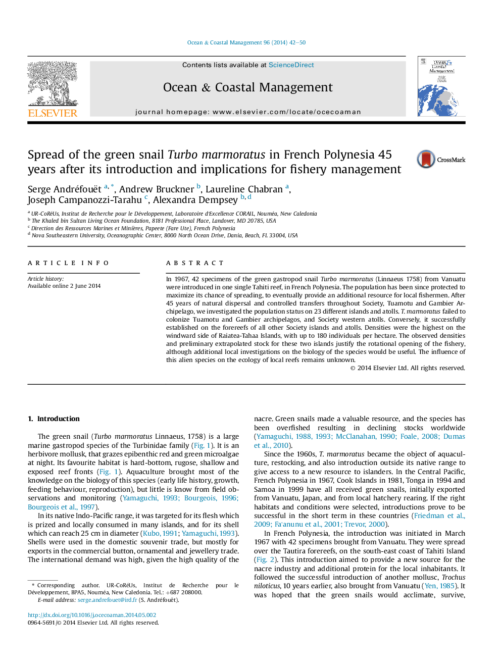 Spread of the green snail Turbo marmoratus in French Polynesia 45 years after its introduction and implications for fishery management