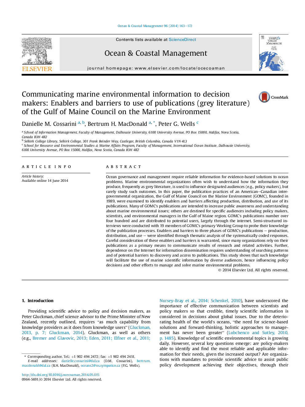 Communicating marine environmental information to decision makers: Enablers and barriers to use of publications (grey literature) of the Gulf of Maine Council on the Marine Environment