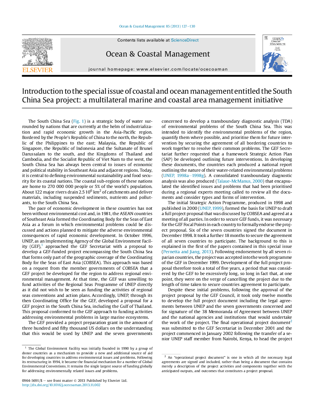Introduction to the special issue of coastal and ocean management entitled the South China Sea project: a multilateral marine and coastal area management initiative