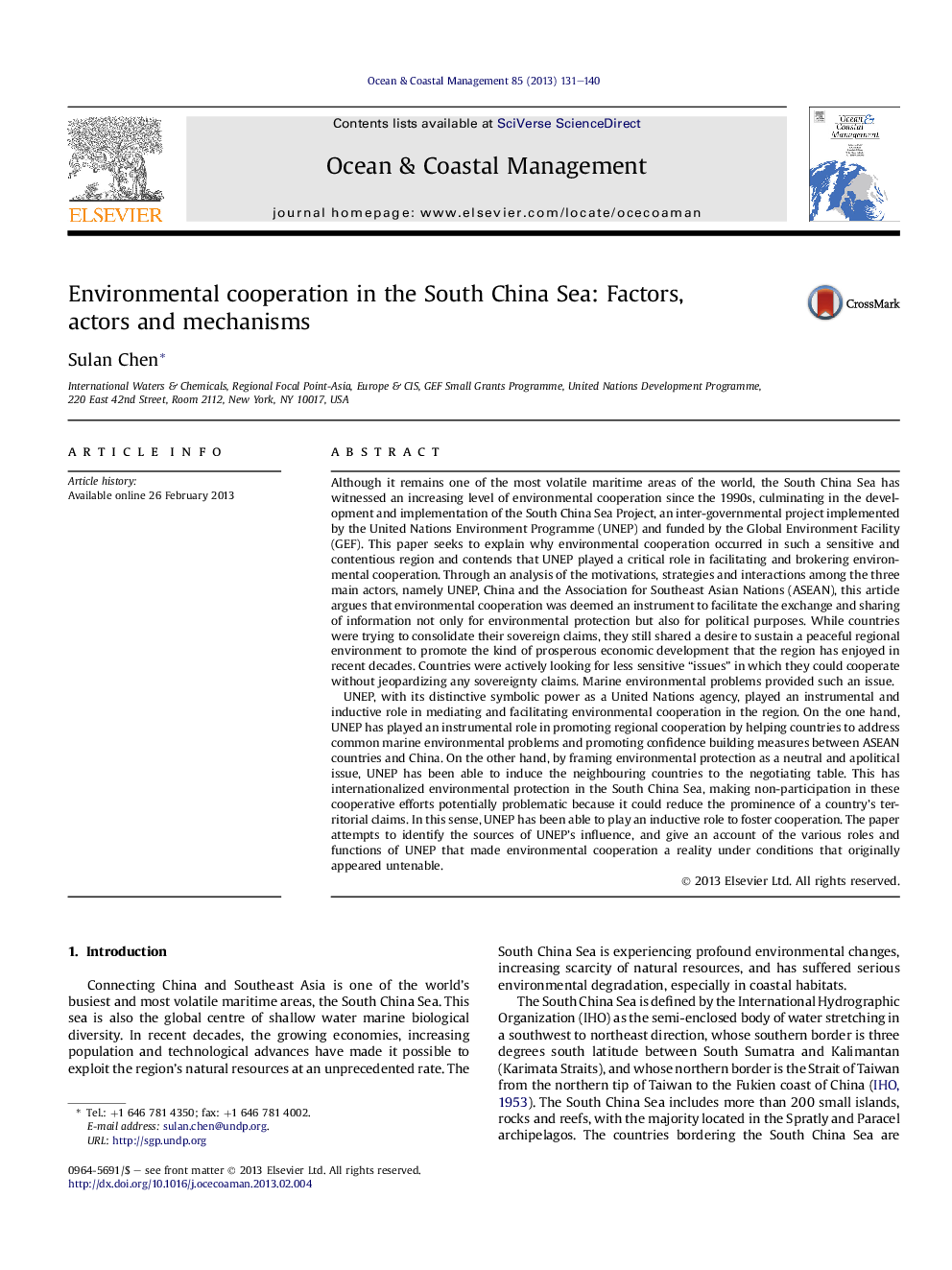 Environmental cooperation in the South China Sea: Factors, actors and mechanisms