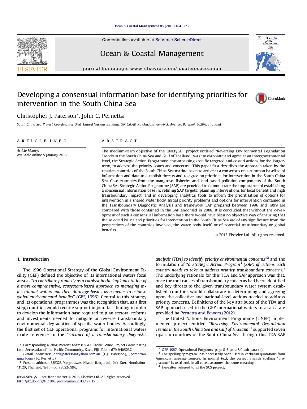 Developing a consensual information base for identifying priorities for intervention in the South China Sea