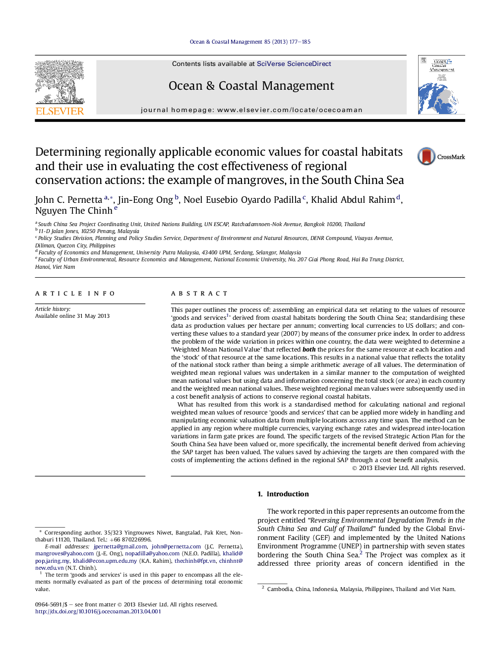 Determining regionally applicable economic values for coastal habitats and their use in evaluating the cost effectiveness of regional conservation actions: the example of mangroves, in the South China Sea