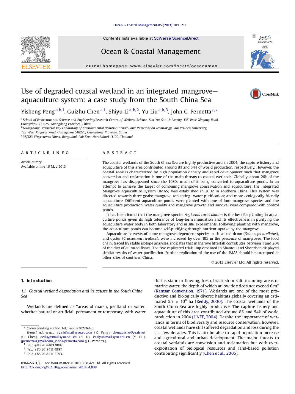 Use of degraded coastal wetland in an integrated mangrove–aquaculture system: a case study from the South China Sea