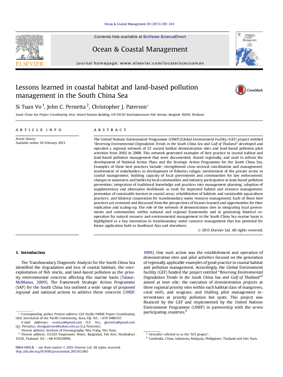 Lessons learned in coastal habitat and land-based pollution management in the South China Sea