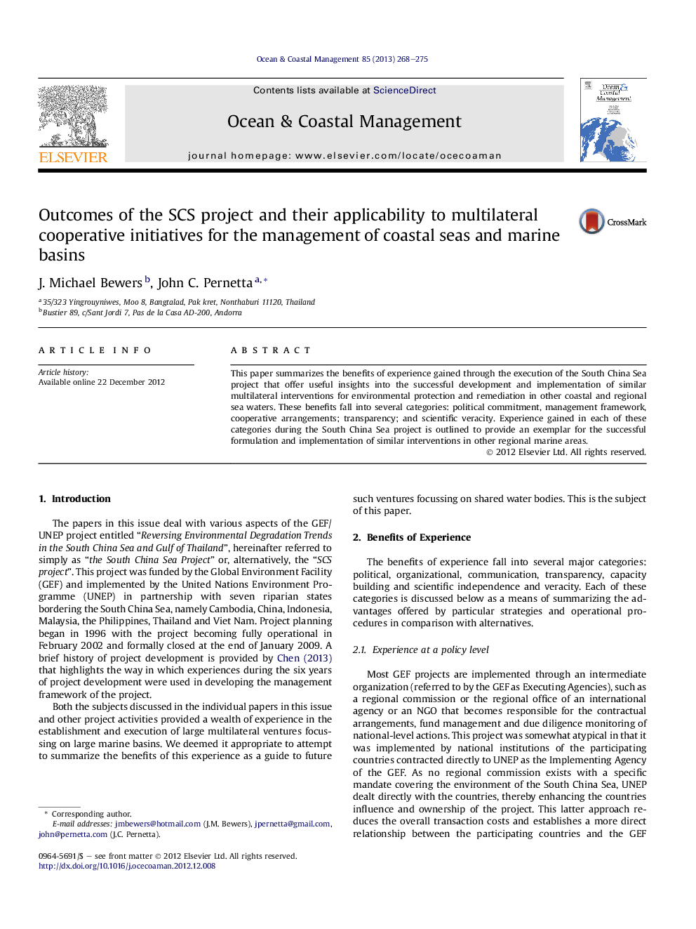 عکس صفحه اول مقاله: Outcomes of the SCS project and their applicability to multilateral cooperative initiatives for the management of coastal seas and marine basins Outcomes of the SCS project and their applicability to multilateral cooperative initiatives for the management of coastal seas and marine basins