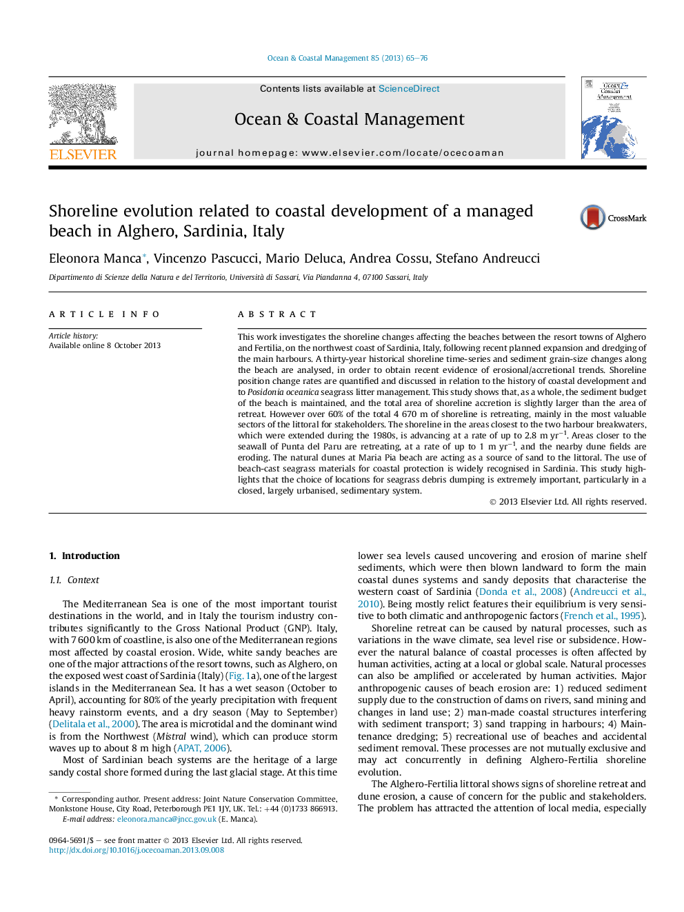 عکس صفحه اول مقاله: Shoreline evolution related to coastal development of a managed beach in Alghero, Sardinia, Italy Shoreline evolution related to coastal development of a managed beach in Alghero, Sardinia, Italy