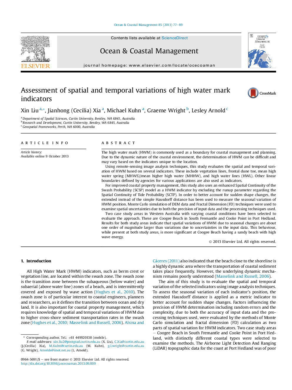 Assessment of spatial and temporal variations of high water mark indicators