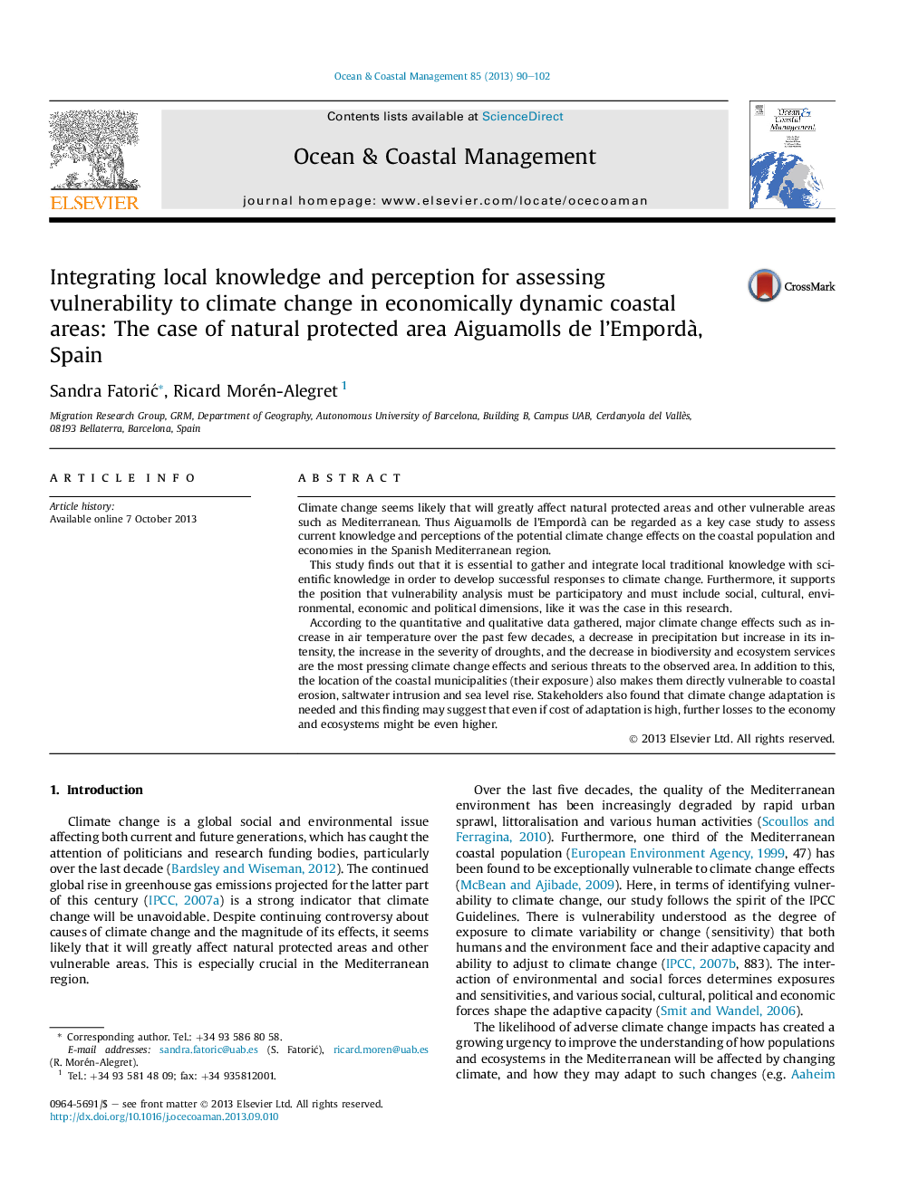 Integrating local knowledge and perception for assessing vulnerability to climate change in economically dynamic coastal areas: The case of natural protected area Aiguamolls de l'Empordà, Spain
